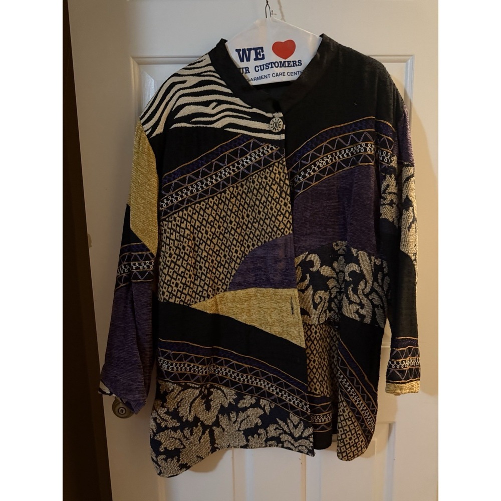 VINTAGE Liz &Me 2X Wearable Art Tapestry Jacket Purple Black Gold Patchwork Boho